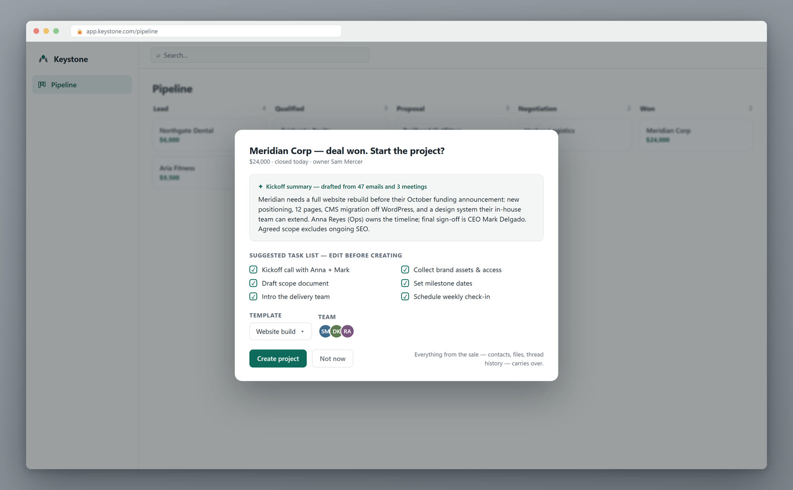 The deal-to-project kickoff summary