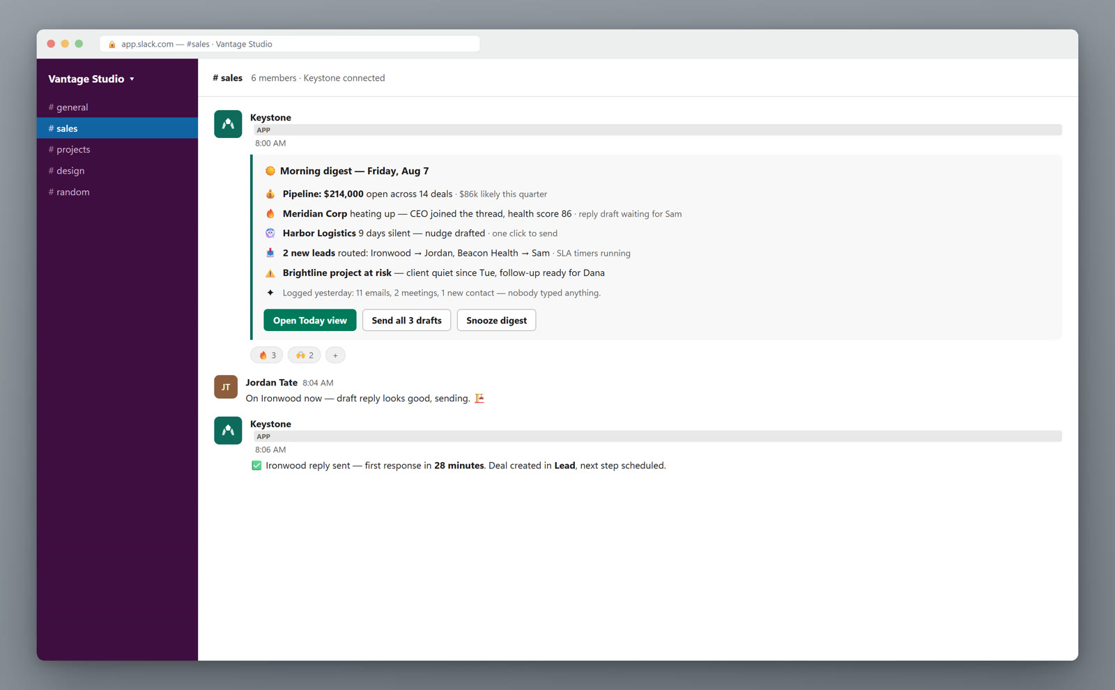 Keystone morning digest in Slack