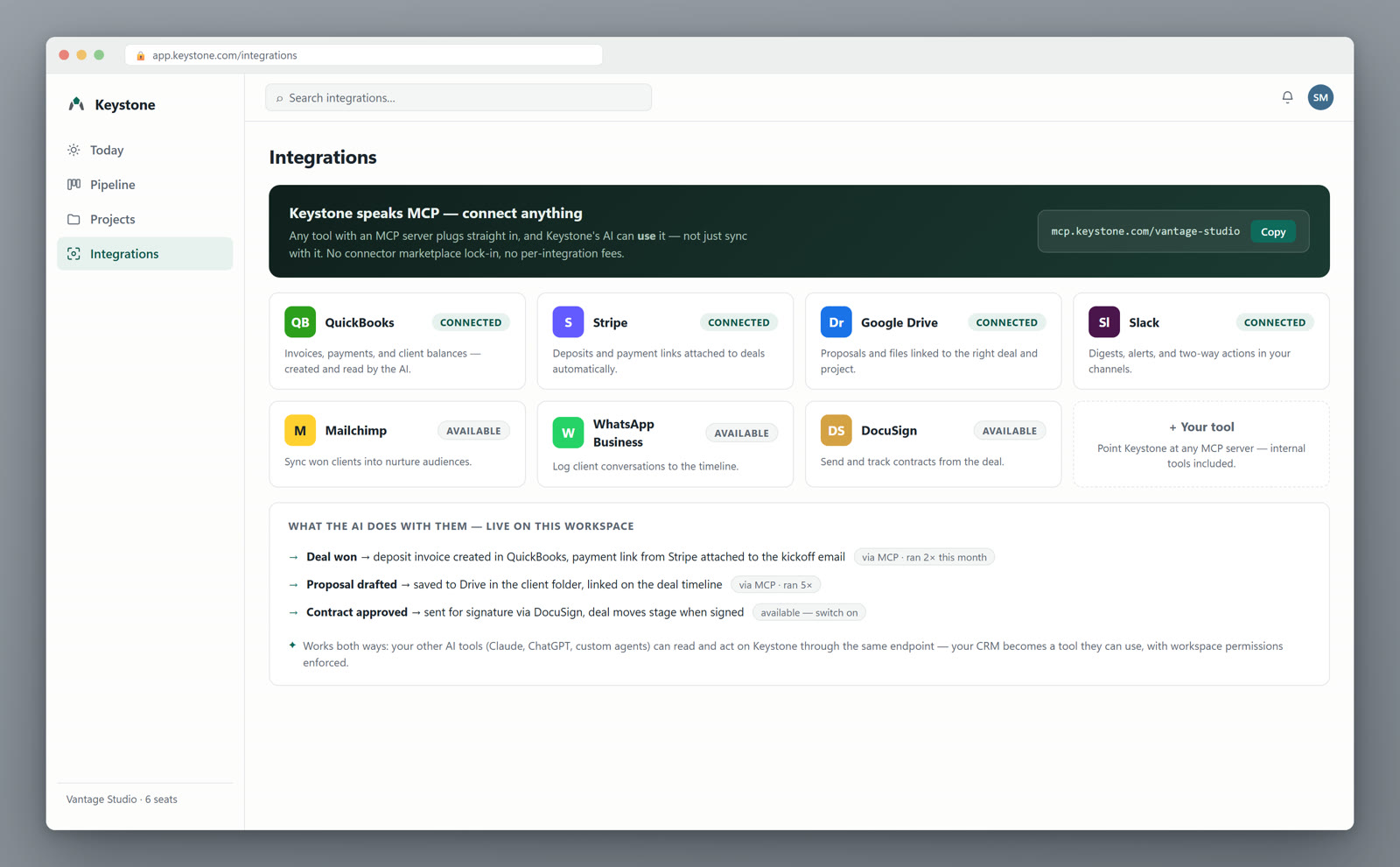 The Keystone MCP integrations hub